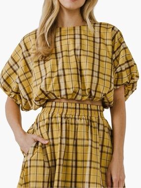English Factory Mustard Plaid Puff Sleeve Top
